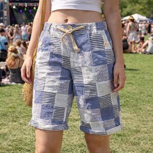 Women's Bermuda Shorts Patchwork Blue White Cottagecore Festival